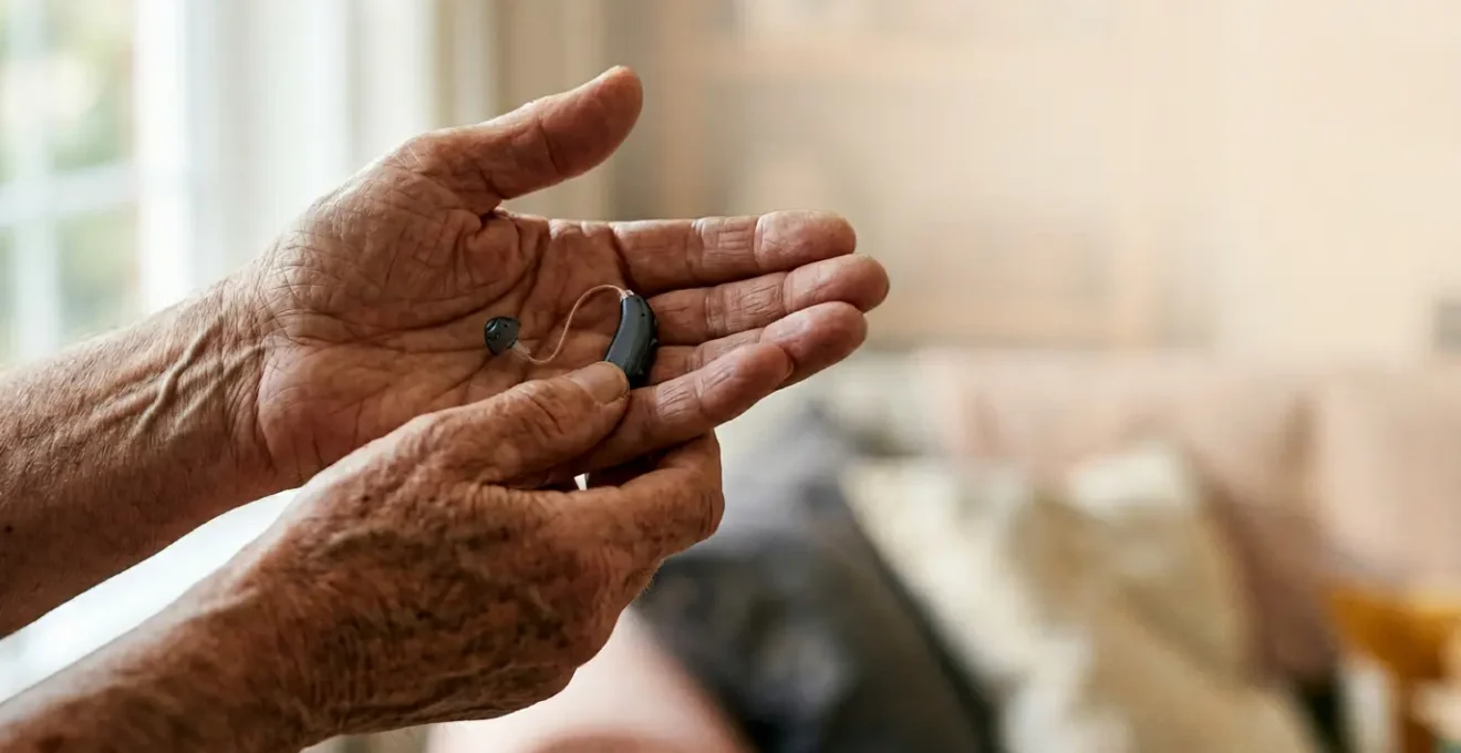 Personne senior tenant un appareil auditif moderne avec expression sereine et confiante