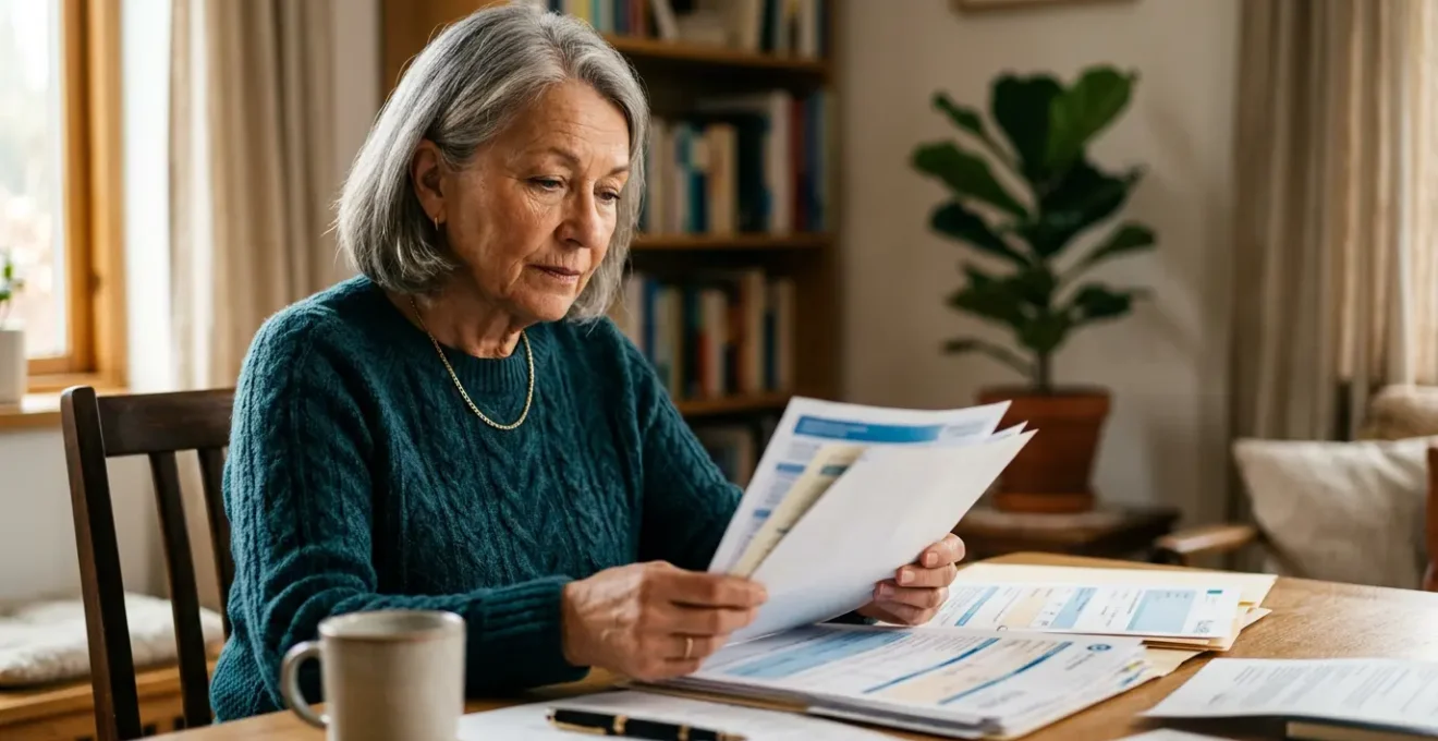 Senior consultant des documents de mutuelle avec préoccupation face à l'augmentation des cotisations