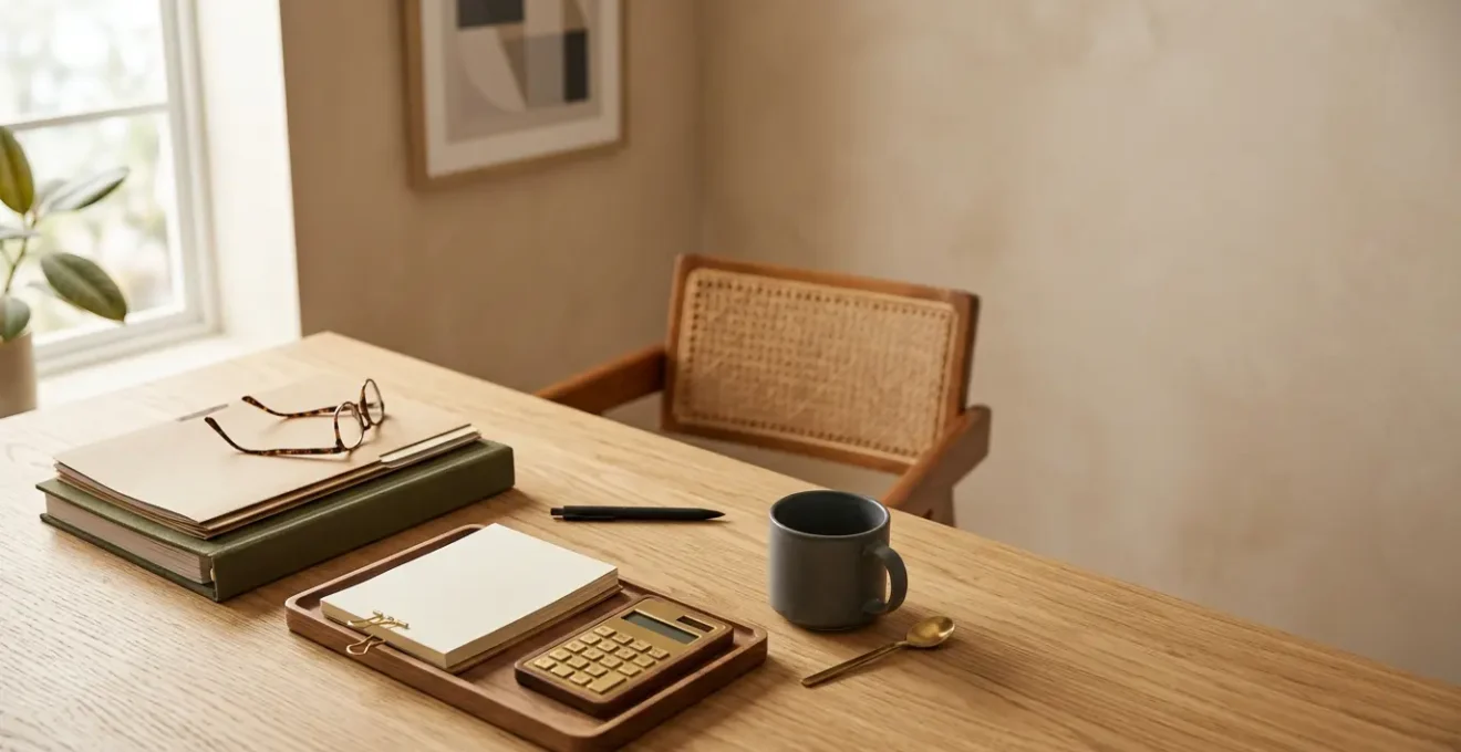 Vue large d'un bureau minimaliste avec documents financiers disposés de manière organisée, lumière naturelle douce et espace négatif