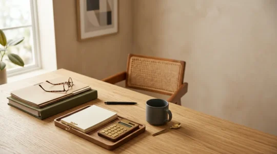 Vue large d'un bureau minimaliste avec documents financiers disposés de manière organisée, lumière naturelle douce et espace négatif