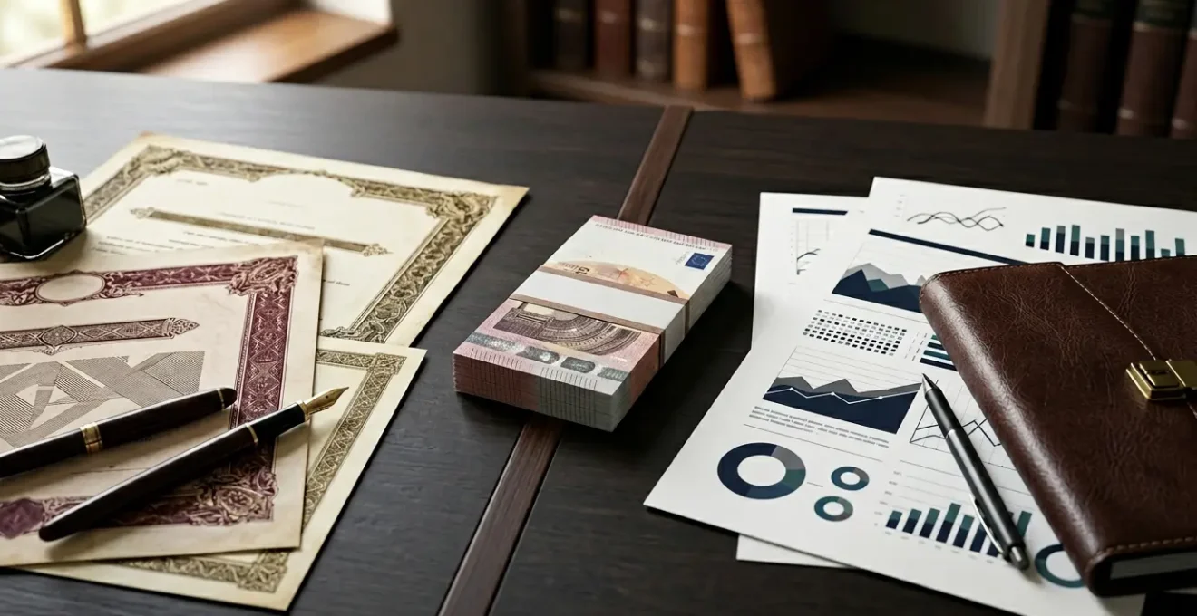 Composition symbolique illustrant le choix stratégique entre PEA et assurance vie pour un premier investissement de 10000 euros