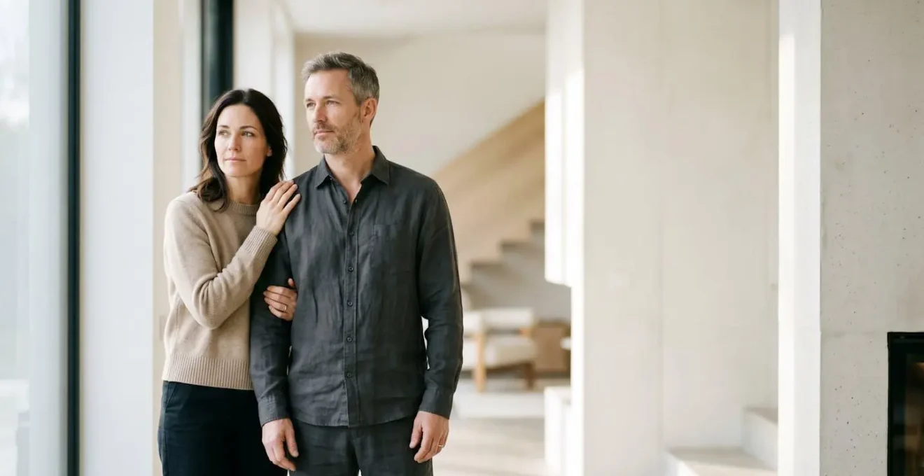 Couple quadragénaire regardant vers l'avenir, lumière naturelle douce, symbolisant la planification de la retraite