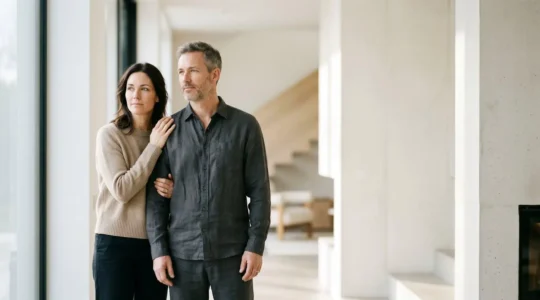 Couple quadragénaire regardant vers l'avenir, lumière naturelle douce, symbolisant la planification de la retraite