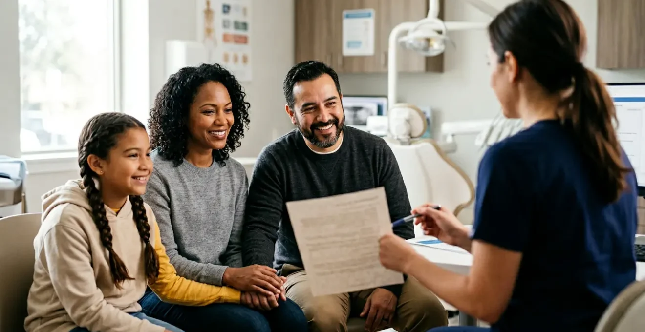 Famille de quatre personnes consultant sereinement un dentiste pour planifier leurs soins dentaires