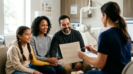 Famille de quatre personnes consultant sereinement un dentiste pour planifier leurs soins dentaires