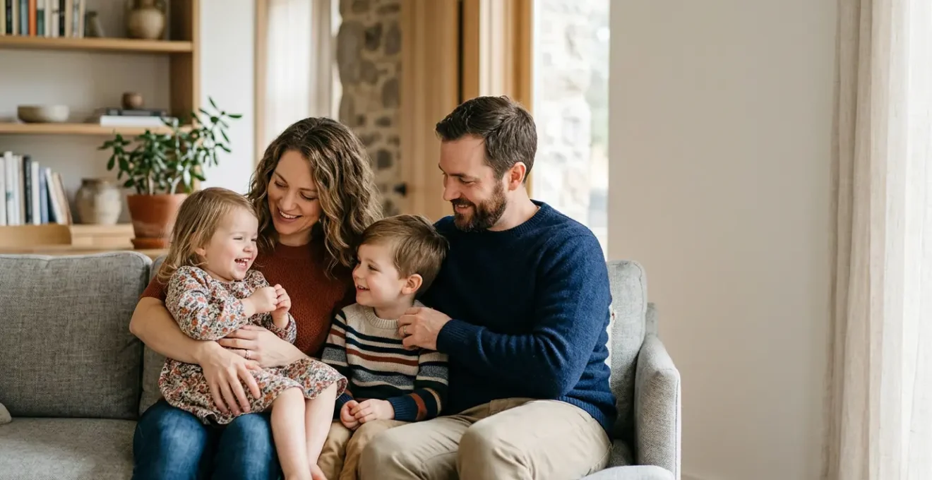 Famille avec deux jeunes enfants dans un environnement chaleureux et sécurisé symbolisant la protection financière