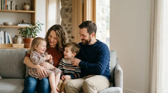 Famille avec deux jeunes enfants dans un environnement chaleureux et sécurisé symbolisant la protection financière