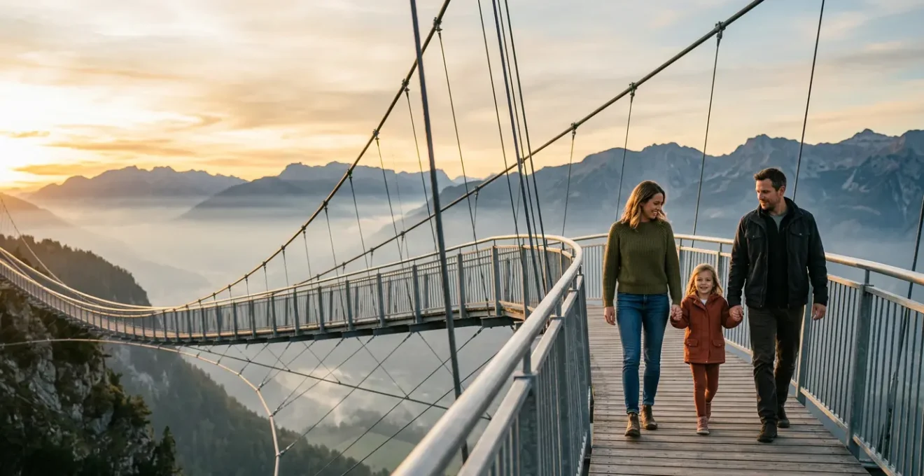 Famille marchant sur un pont suspendu symbolisant la prise de risque financier mesurée pour protéger son avenir