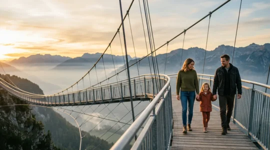 Famille marchant sur un pont suspendu symbolisant la prise de risque financier mesurée pour protéger son avenir