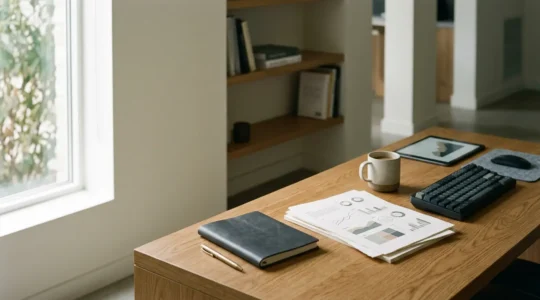 Investisseur analysant des documents financiers dans un environnement professionnel épuré