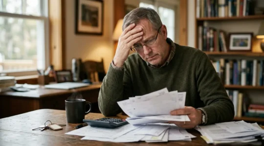 Propriétaire senior regardant des documents financiers avec expression préoccupée
