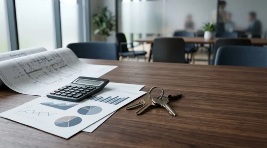 Investisseur analysant des documents financiers et immobiliers dans un cadre contemporain