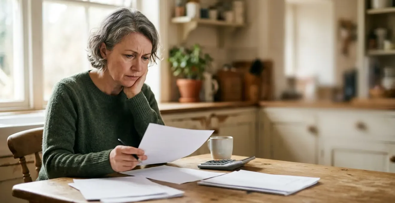 Personne assise devant une table avec des documents administratifs et une calculatrice, lumière naturelle, expression concentrée