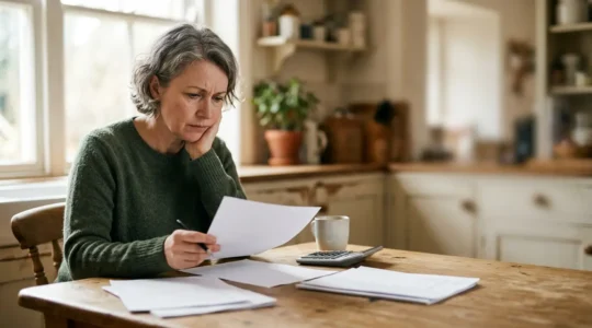 Personne assise devant une table avec des documents administratifs et une calculatrice, lumière naturelle, expression concentrée
