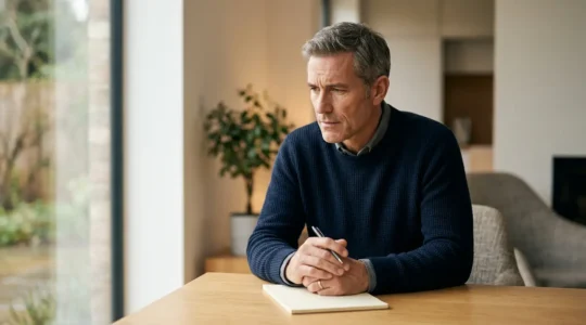 Moment de réflexion face à un choix financier important, symbolisant la complexité de la détermination du profil de risque