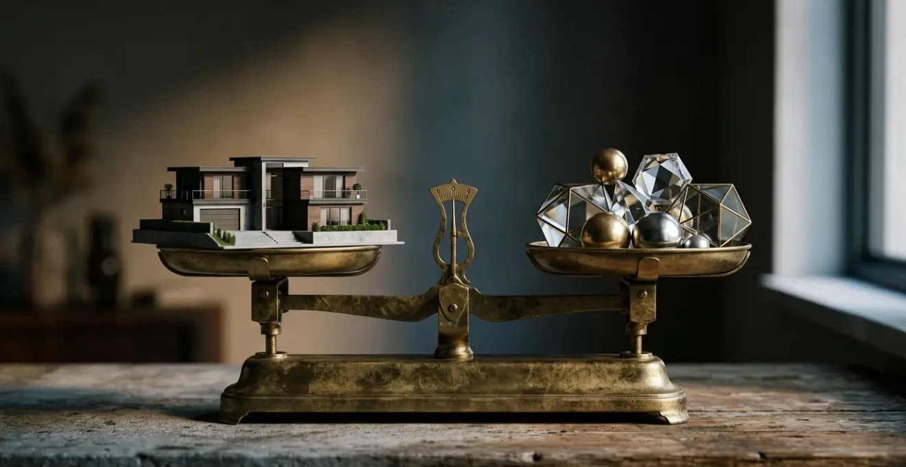 Balance symbolique représentant le choix patrimonial d'une résidence principale à la retraite