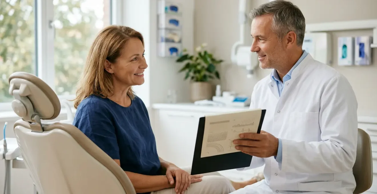 Consultation dentaire en cabinet moderne avec éclairage naturel et ambiance rassurante