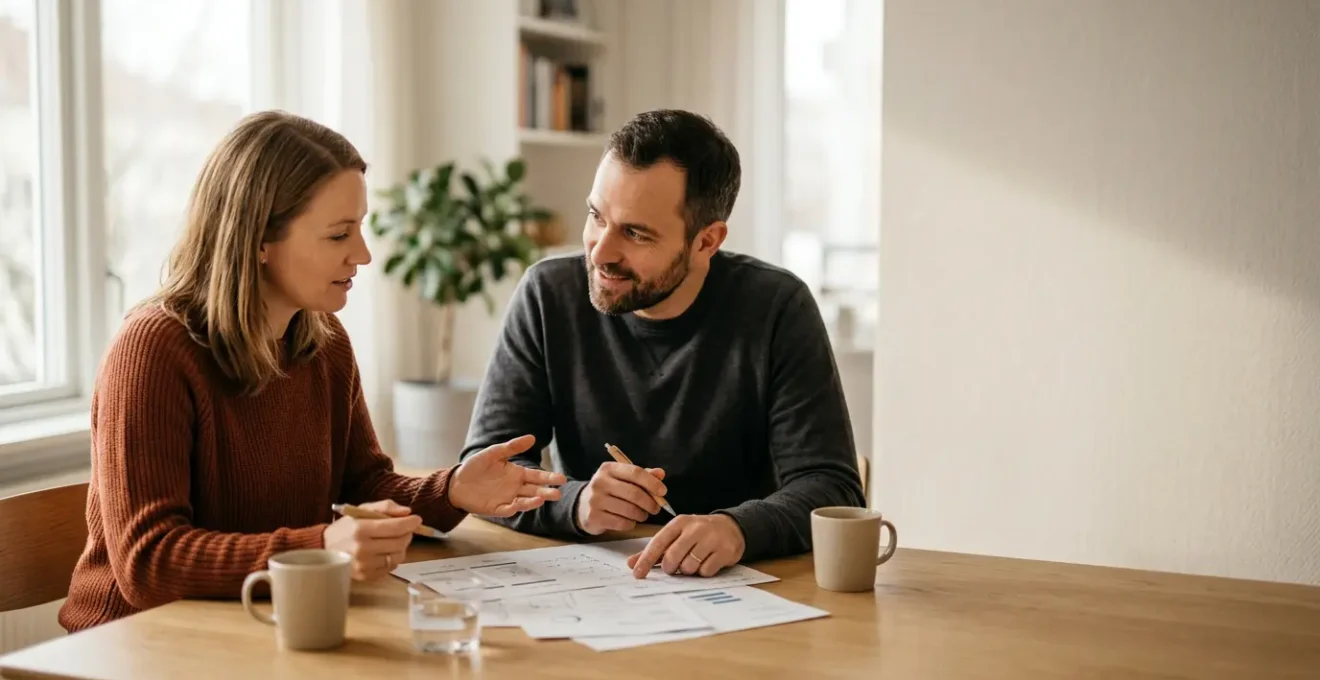Couple en discussion stratégique autour de documents patrimoniaux dans un environnement lumineux