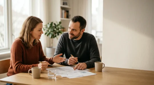 Couple en discussion stratégique autour de documents patrimoniaux dans un environnement lumineux