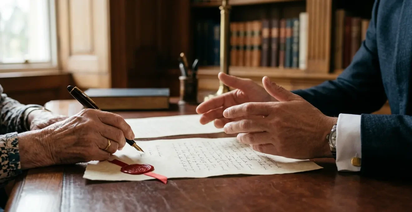 Mains d'un notaire et d'un testateur lors de la signature d'un testament authentique