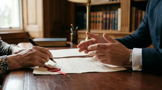 Mains d'un notaire et d'un testateur lors de la signature d'un testament authentique
