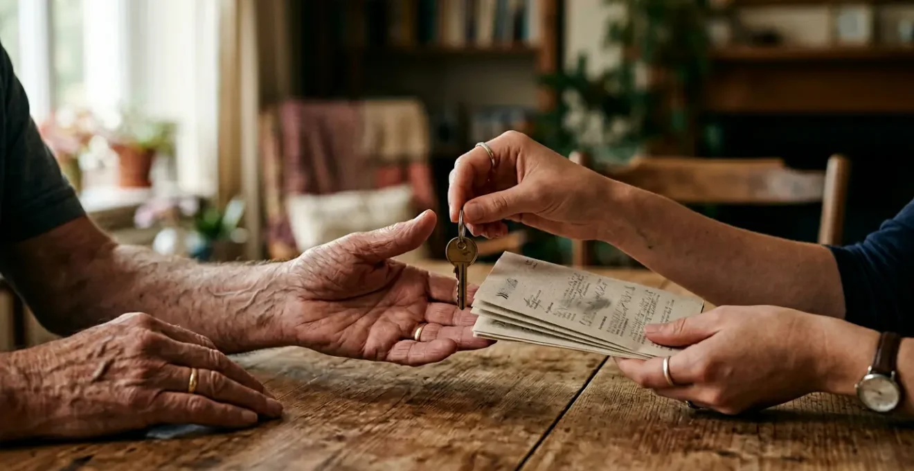 Deux mains se tenant au-dessus d'une table avec des documents légaux et une clé de maison symbolisant la transmission patrimoniale