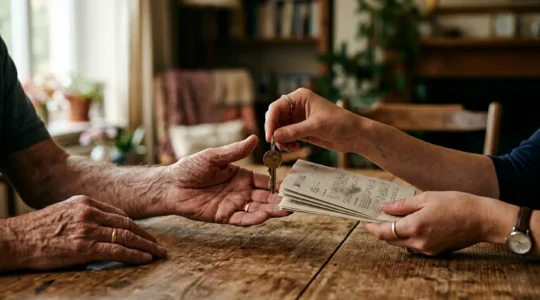 Deux mains se tenant au-dessus d'une table avec des documents légaux et une clé de maison symbolisant la transmission patrimoniale