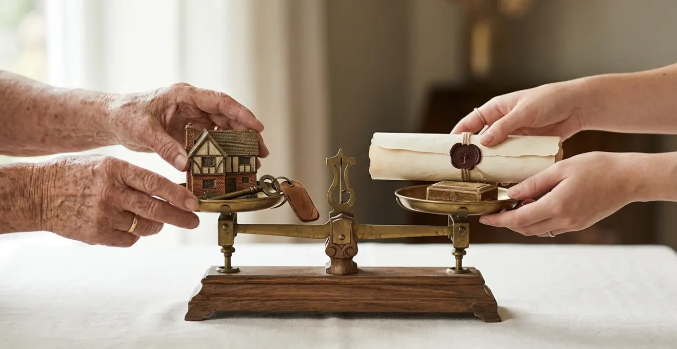 Illustration symbolique représentant la transmission patrimoniale familiale et la prévention des conflits