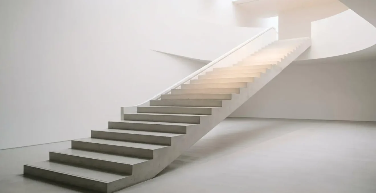 Escalier minimaliste montant vers la lumière symbolisant la croissance progressive de l'épargne