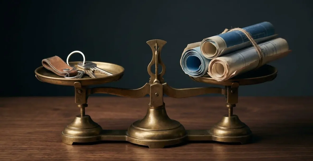Balance symbolique avec documents et clés représentant le choix entre gestion directe et agence