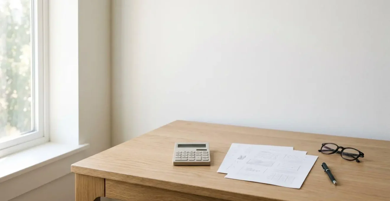 Composition minimaliste avec documents de santé et calculatrice sur bureau épuré en lumière naturelle