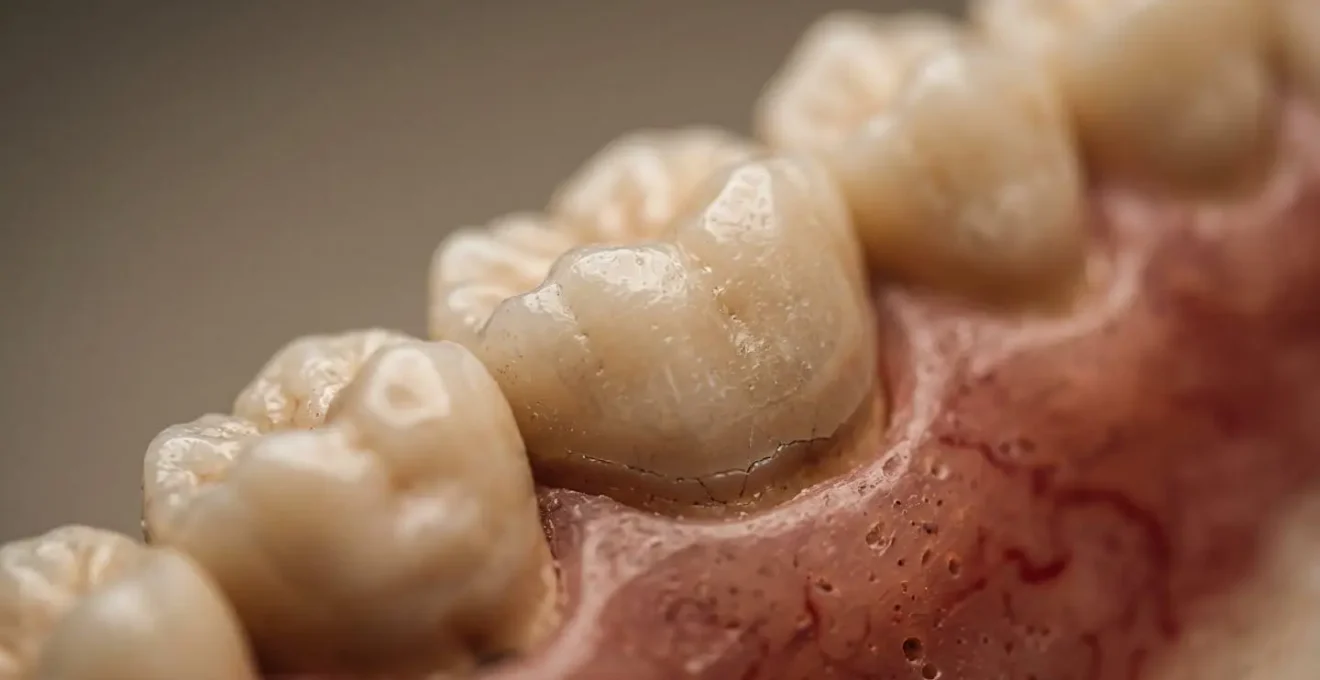 Gros plan macro sur une maquette dentaire professionnelle montrant les différents types de dents avec éclairage précis