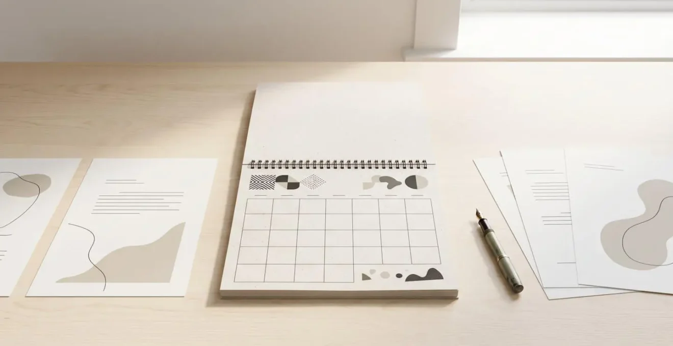 Vue en plongée d'une table de travail épurée avec calendrier ouvert et documents disposés en séquence temporelle