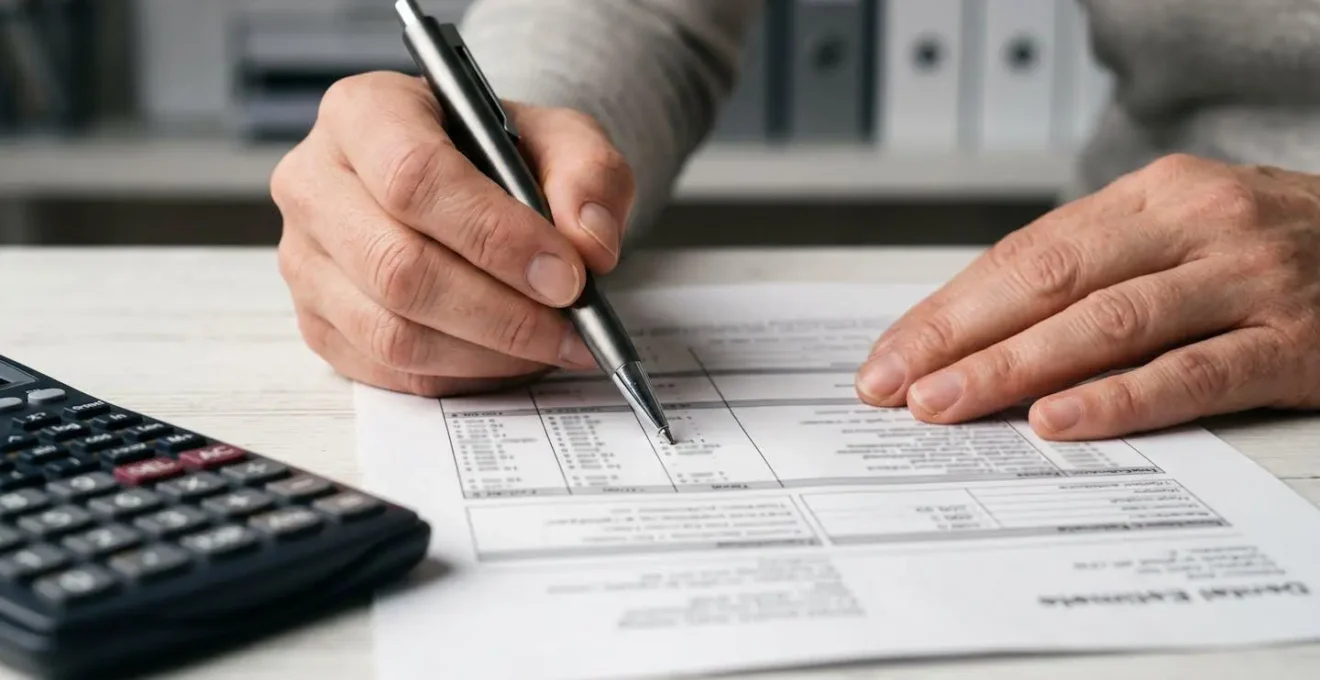 Gros plan sur des mains analysant des devis dentaires avec une calculatrice pour comparer les tarifs