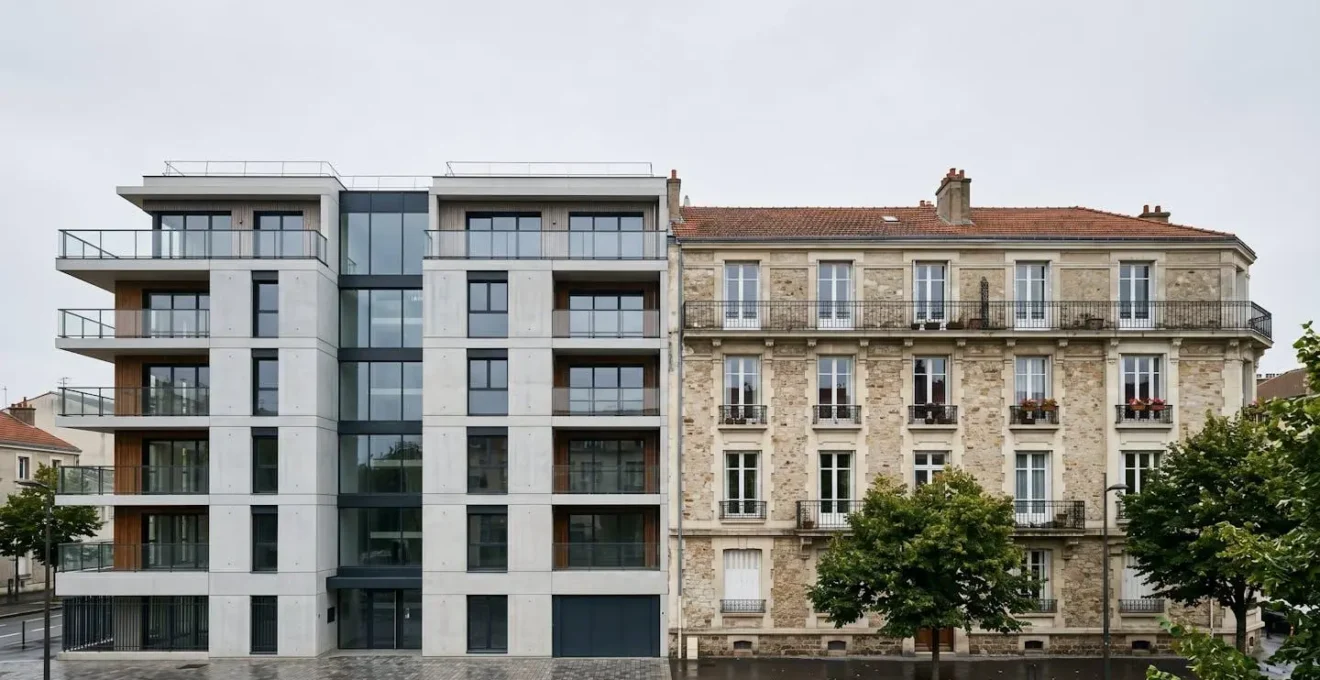 Perspective architecturale montrant deux immeubles côte à côte dans un environnement urbain