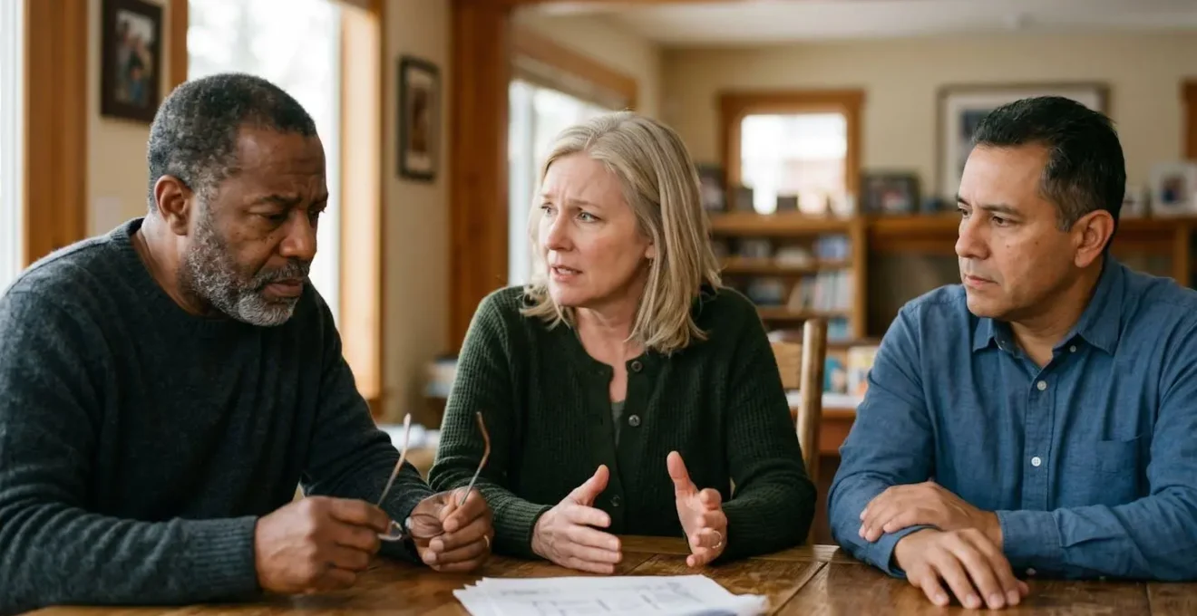 Famille réunie autour d'une table discutant de l'héritage de la maison familiale