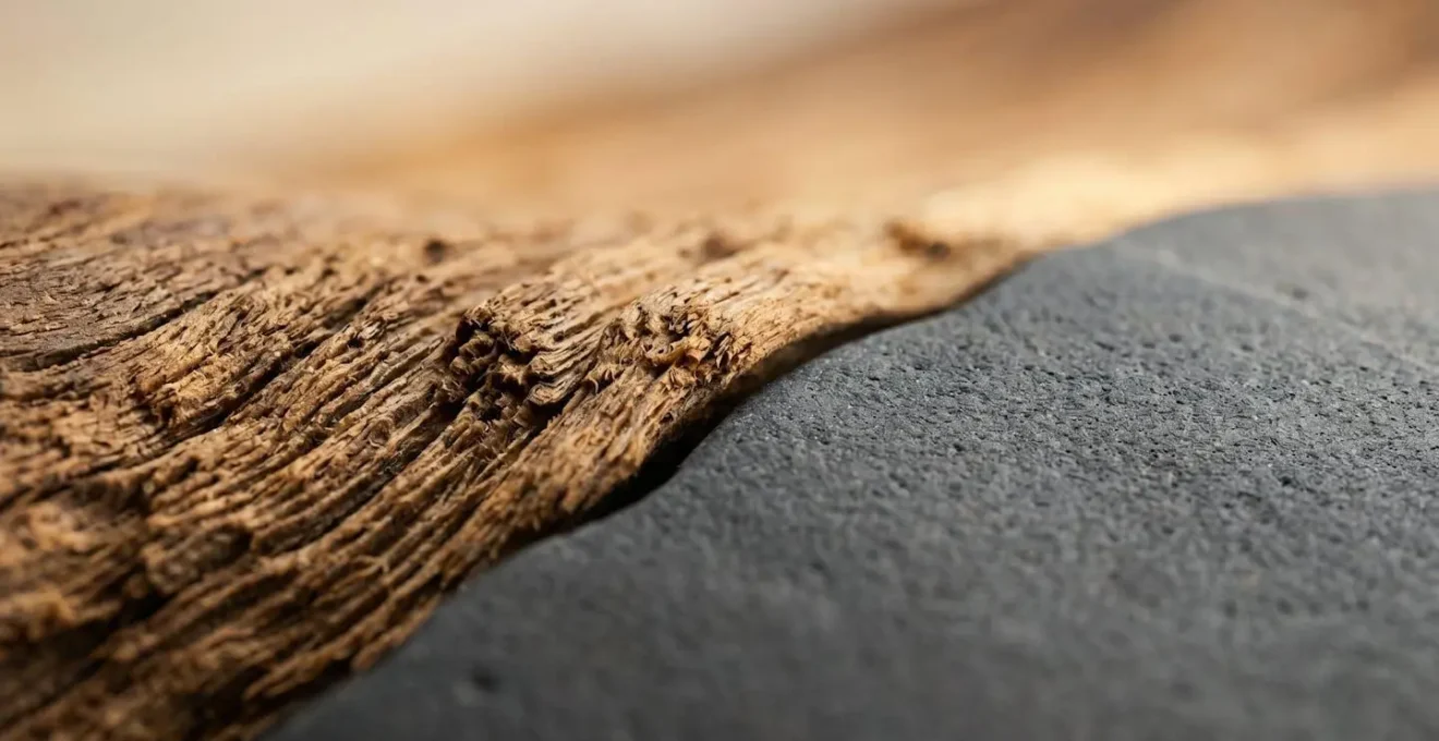 Détail macro sur textures et matières symbolisant la transformation patrimoniale