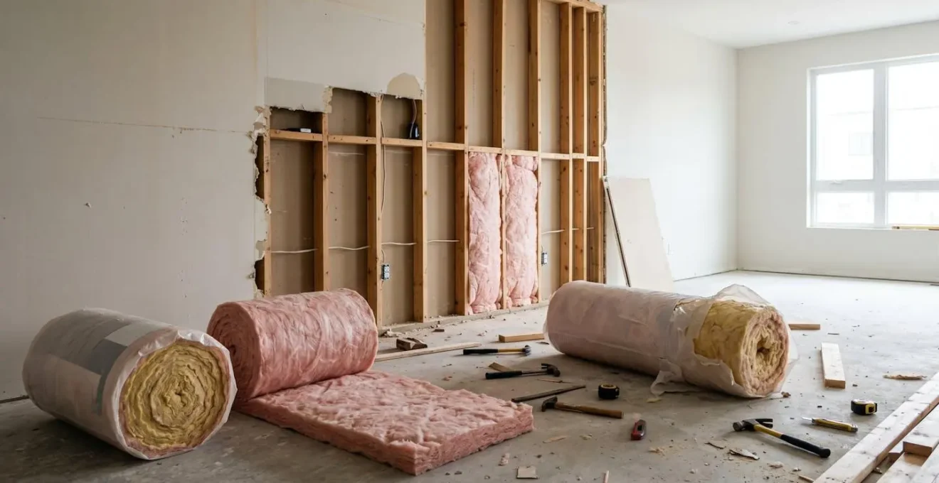 Chantier de rénovation énergétique avec matériaux d'isolation et outils professionnels