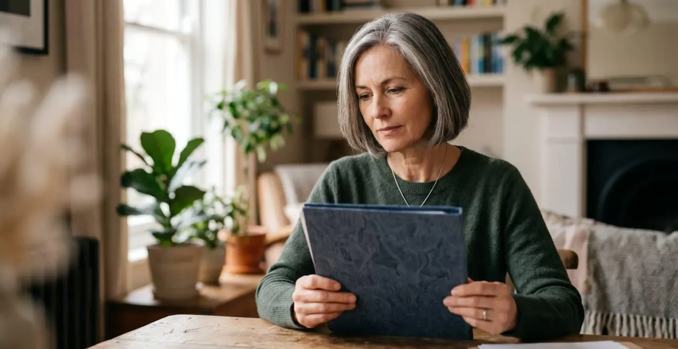 Portrait d'une personne mature consultant des documents dans un environnement calme et lumineux, expression concentrée et sereine