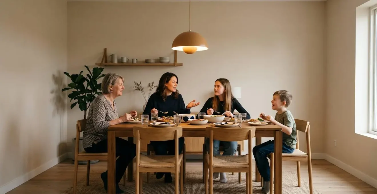 Scène de repas familial animé avec plusieurs générations réunies autour d'une table