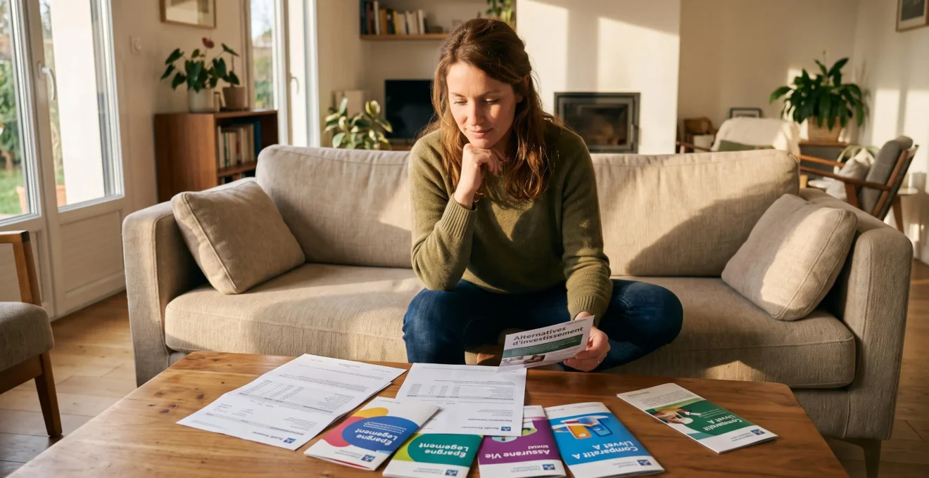 Personne comparant différents documents de placements financiers dans son salon en fin de journée