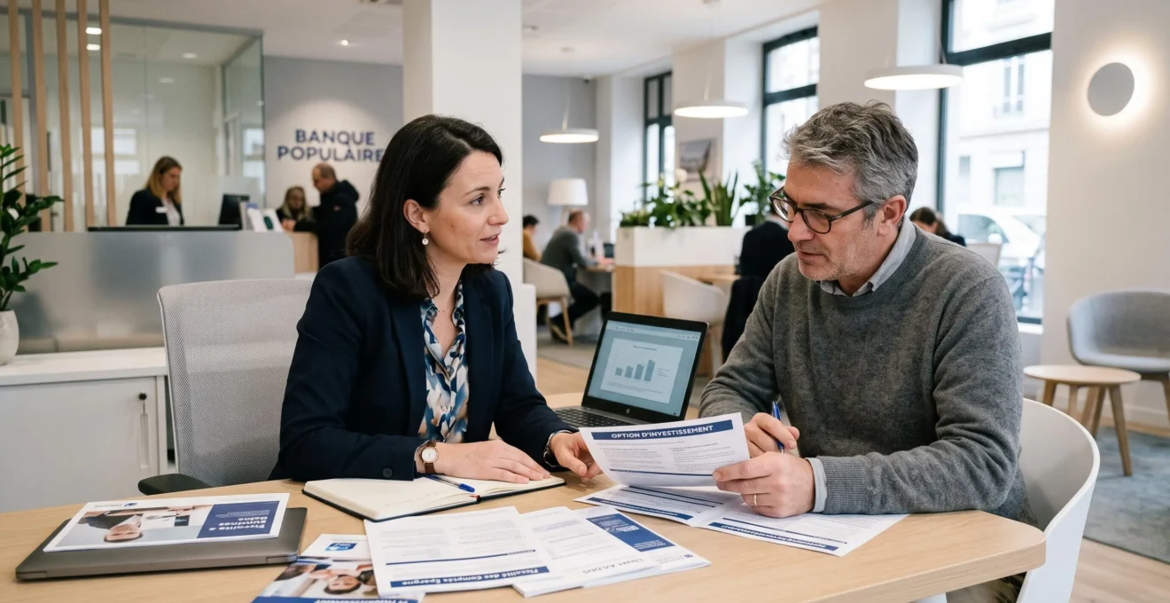 Conseiller bancaire et client en réunion dans une agence bancaire moderne, discutant de placements d'épargne avec documents sur la table